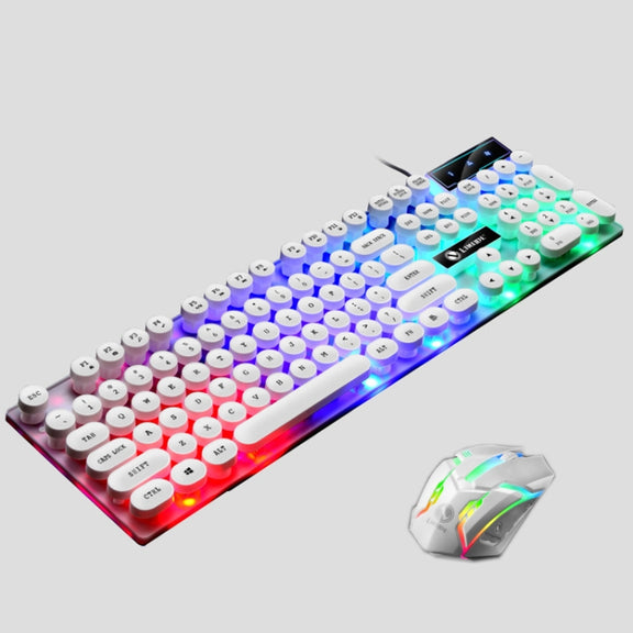 LIMEIDE GTX300 104 Keys Retro Round Key Cap USB Wired Mouse Keyboard, Cable Length: 1.4m, Colour: Punk Set White