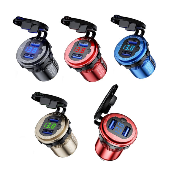 Aluminum Alloy Double QC3.0 Fast Charge With Button Switch Car USB Charger Water-resistant Car Charger Specification: Black Shell Blue Light With 60cm Line