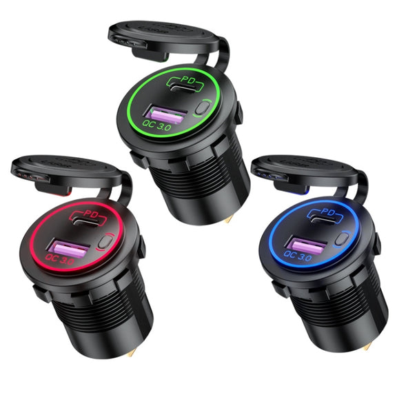 Car Motorcycle Ship Modified USB Charger Water-resistant PD + QC3.0 Fast Charge, Model: Blue Light With 60cm Line