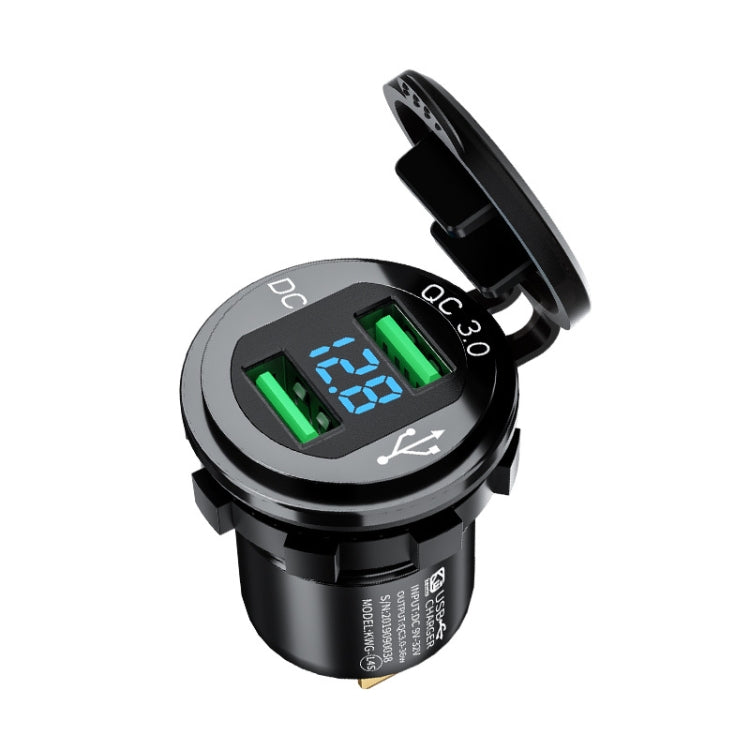Car Motorcycle Modified USB Charger QC3.0 Metal Water-resistant Fast Charge(Black Shell Blue Light)