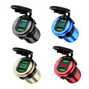 Car Motorcycle Modified USB Charger QC3.0 Metal Water-resistant Fast Charge(Black Shell Blue Light)