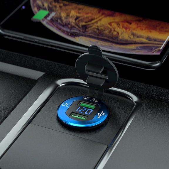 Car Motorcycle Modified USB Charger QC3.0 Metal Water-resistant Fast Charge(Golden Shell Green Light)