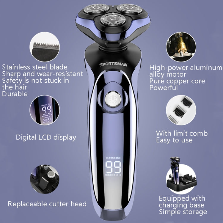 Sportsman SM-530 Electric Men Shaving Knife Multi-Function Base Charging Digital Water Washing Razor, Specification: US Plug(Purple)