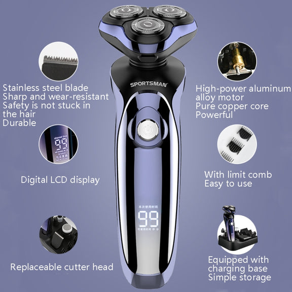 Sportsman SM-530 Electric Men Shaving Knife Multi-Function Base Charging Digital Water Washing Razor, Specification: US Plug(Purple)