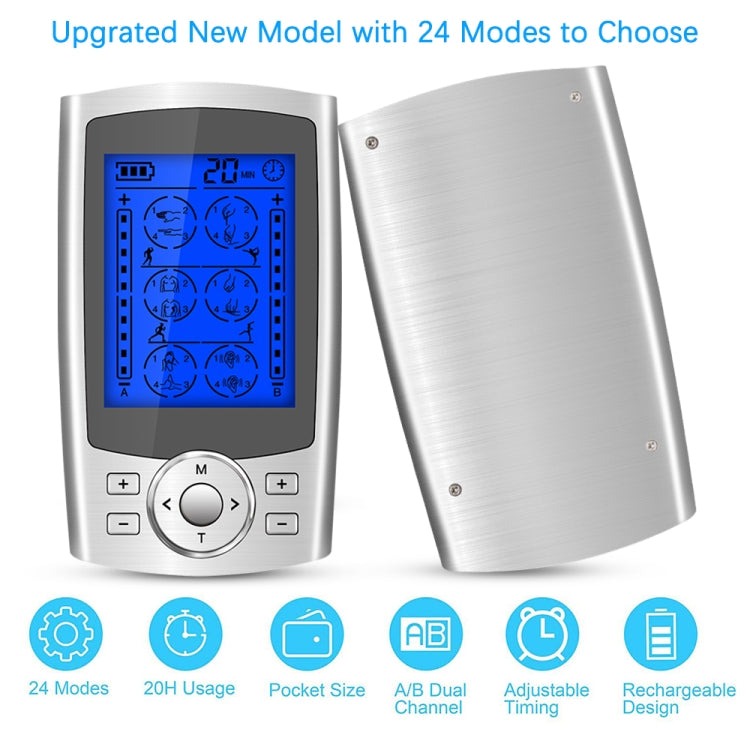 24-Mode Digital Electronic Pulse Massager Intelligent Whole Body Physical Therapy Meridian Massager, Specification: US Plug( Silver)