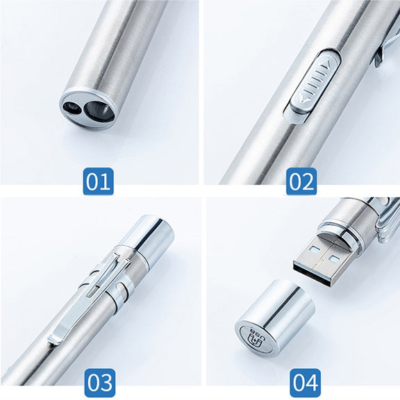 Flashlight Pupil Pen Light Yellow White Dual Light Source Dental Light LED Stainless Steel Morning Inspection Light(Silver)