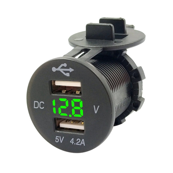 4.2A Dual USB With Voltage Display Mobile Phone Charger Socket Power Supply 12V Car Motorcycle(Green Light)