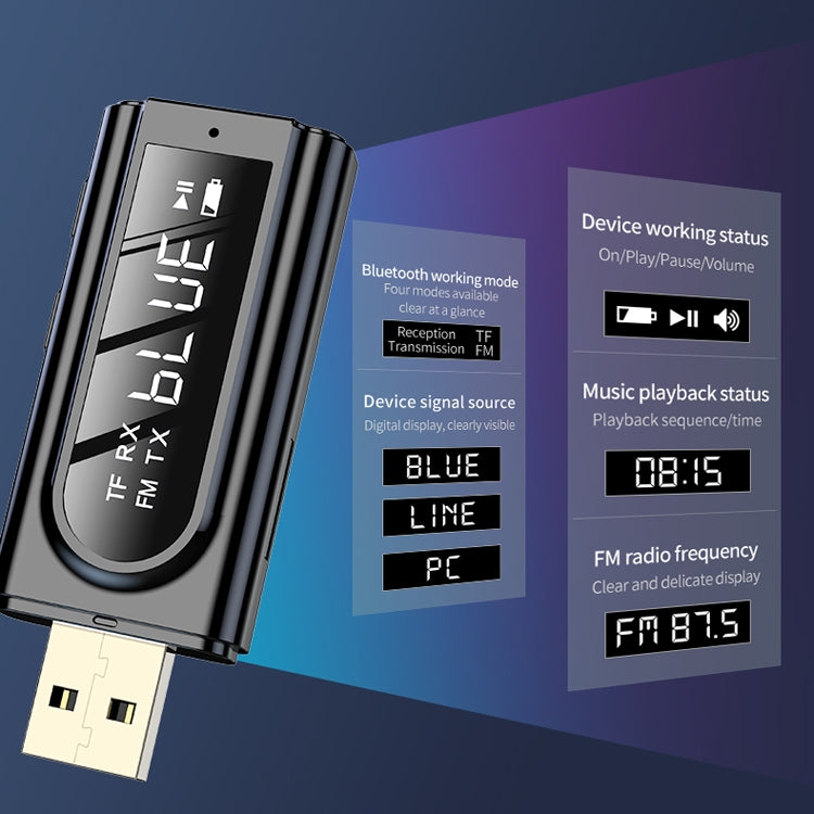 K9 USB Car Bluetooth 5.0 Adapter Receiver FM + AUX Audio Dual Output Stereo Transmitter (Black)