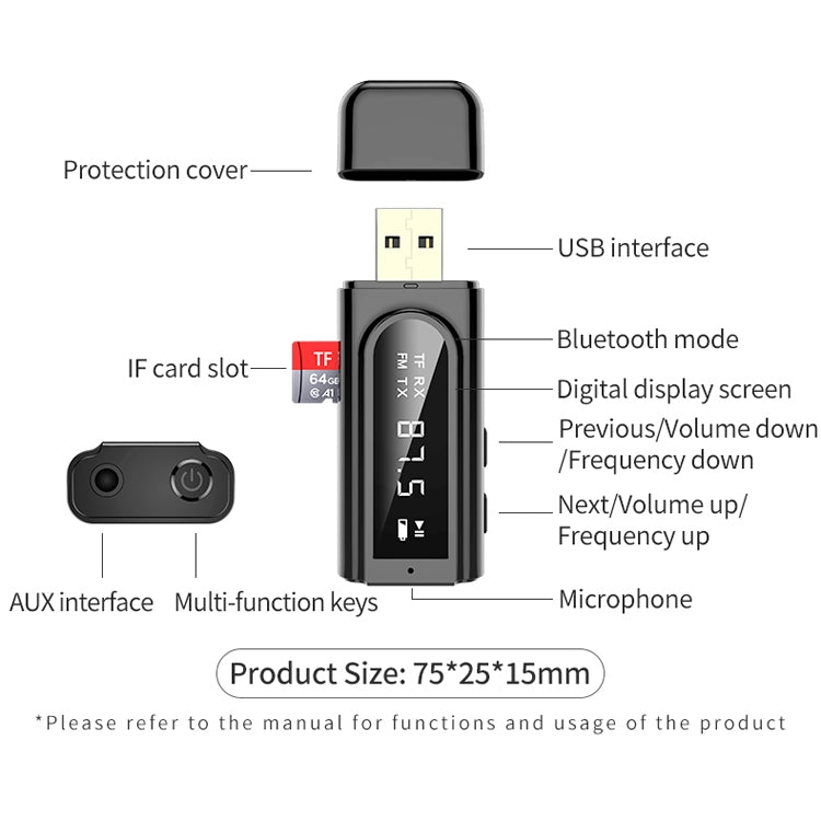 K9 USB Car Bluetooth 5.0 Adapter Receiver FM + AUX Audio Dual Output Stereo Transmitter (White)