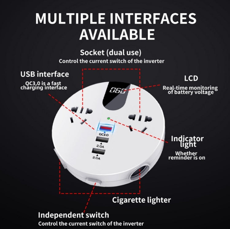 QC3.0 Car 12V 24V To 110V 220V Multi-function Inverter(White Round)