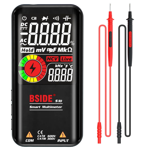 BSIDE Digital Multimeter 9999 Counts LCD Color Display DC AC Voltage Capacitance Diode Meter, Specification: S10 Dry Battery Version (Black)