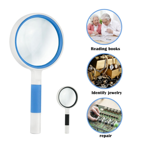Hand-Held Reading Magnifier Glass Lens Anti-Skid Handle Old Man Reading Repair Identification Magnifying Glass, Specification: 75mm 4 Times (Blue White)
