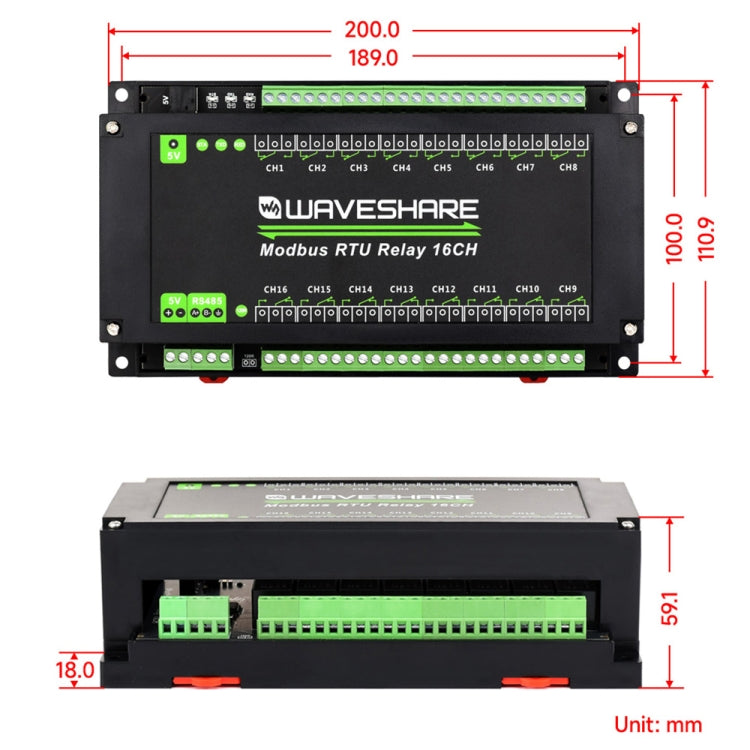 Waveshare 24921 Modbus RTU 16-Ch Relay Module, RS485 Interface, With Multiple Isolation Protection Circuits