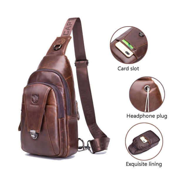 BULL CAPTAIN 110 Men Leather Shoulder Bag Cowhide Leather Multi-Function Chest Bag(Black)