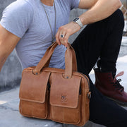 BULL CAPTAIN 042 Men Leather Single-shoulder Messenger Bag Cowhide Handheld Briefcase(Yellow Brown)