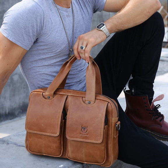 BULL CAPTAIN 042 Men Leather Single-shoulder Messenger Bag Cowhide Handheld Briefcase(Yellow Brown)