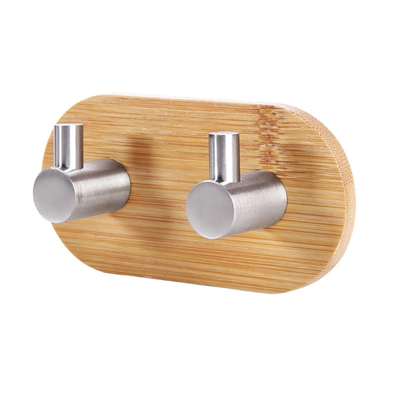 2 PCS Stainless Steel Bamboo Double Row Hook Kitchen Bathroom Door Adhesive Solid Wood Hook(Double Hook)