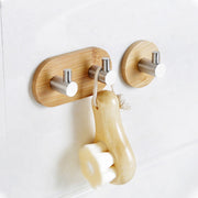 2 PCS Stainless Steel Bamboo Double Row Hook Kitchen Bathroom Door Adhesive Solid Wood Hook(Double Hook)