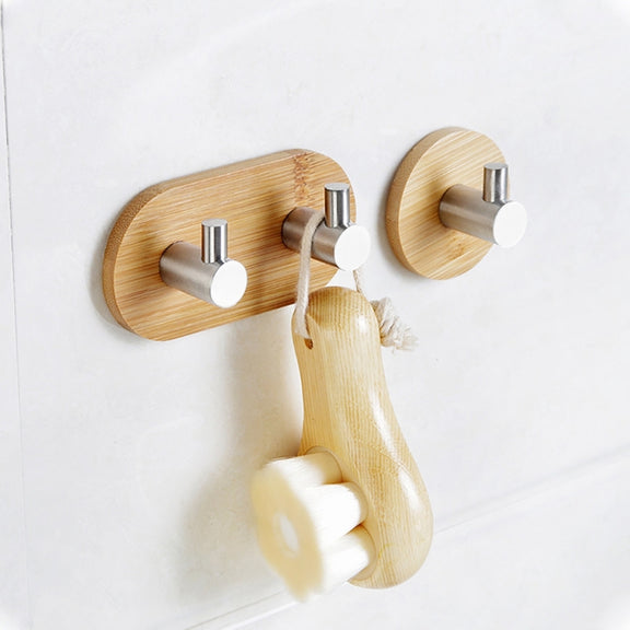 2 PCS Stainless Steel Bamboo Double Row Hook Kitchen Bathroom Door Adhesive Solid Wood Hook(Double Hook)