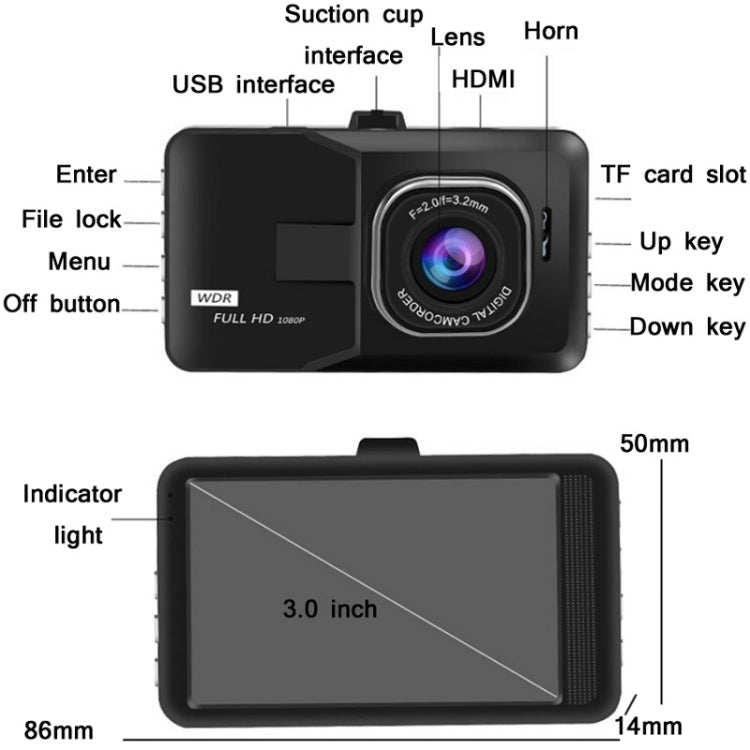 3.0 Inch HD 1080P Wide-Angle Driving Recorder With Reversing Image Specification��� Normal Definition Single Record���Black���