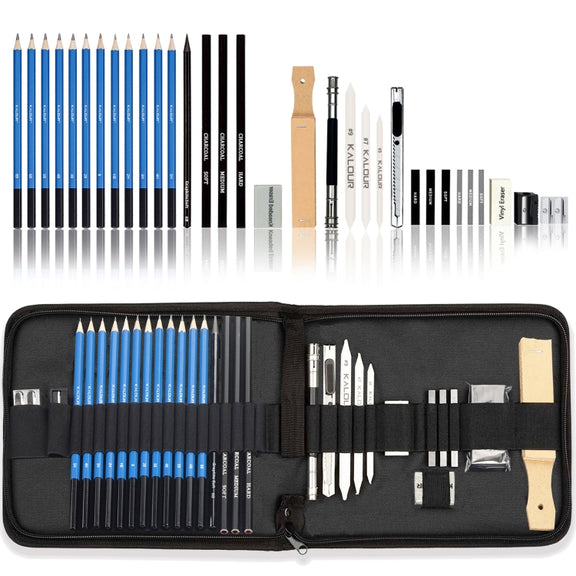 KALOUR 33 in 1 Sketch Pencil Set Beginner Brush Art Supplies(Black)
