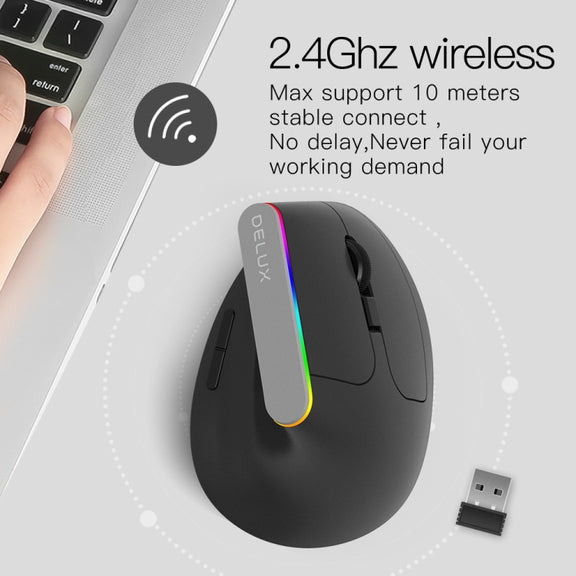DELUX M618C 6 Keys 1600 DPI RGB Vertical Wireless Bluetooth Dual Mode Mouse(Black)
