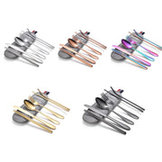 7 in 1 Cutlery Spoon Chopsticks And Straw Set Stainless Steel Portable Cutlery Set, Specification: Black+ Light Bag
