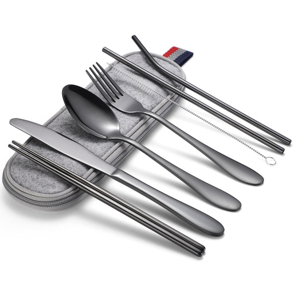 7 in 1 Cutlery Spoon Chopsticks And Straw Set Stainless Steel Portable Cutlery Set, Specification: Black+ Light Bag