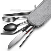 7 in 1 Cutlery Spoon Chopsticks And Straw Set Stainless Steel Portable Cutlery Set, Specification: Black+ Light Bag