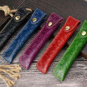 Pen Bag Personality Retro Pure Handmade First Layer Leather Pen Case Protective Cover(Carved Skin Black)