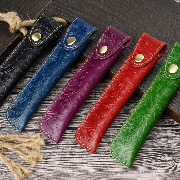 Pen Bag Personality Retro Pure Handmade First Layer Leather Pen Case Protective Cover(Carved Skin Black)