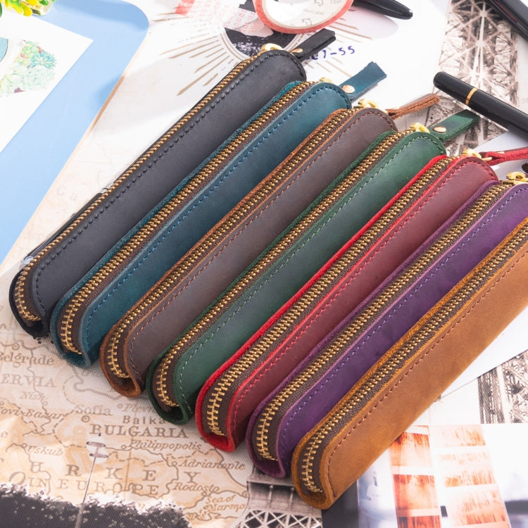 Retro Simple Leather Stylus Leather Zipper Pen Protection Case Crazy Horse Skin Mini Pen Case(Ink Green)