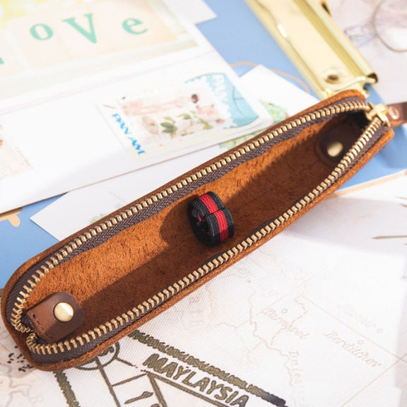 Retro Simple Leather Stylus Leather Zipper Pen Protection Case Crazy Horse Skin Mini Pen Case(Ink Green)
