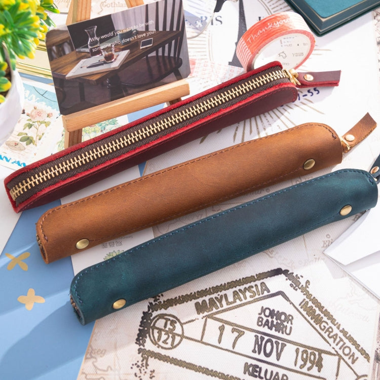 Retro Simple Leather Stylus Leather Zipper Pen Protection Case Crazy Horse Skin Mini Pen Case(Ink Green)