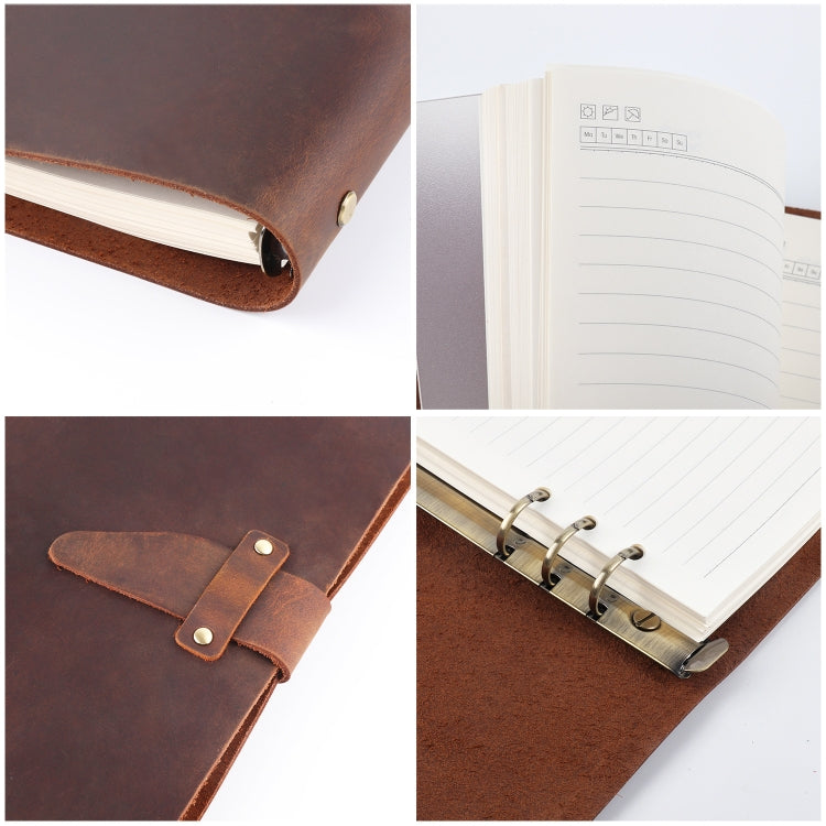 A5 Cowhide Retro Loose-Leaf Notebook Diary Office Business Simple Notepad Crazy Horse Leather Handbook( Brown)