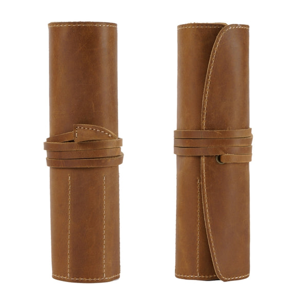 Retro First Layer Cowhide Pen Curtain Simple Literary Pencil Case Multifunctional Volume Pencil Case(Crazy Horse Skin Brown)