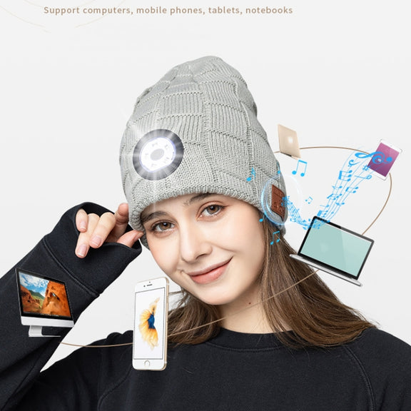 RG5-BL Bluetooth LED Lighting Music Knit Hat Plus Velvet Night Running Lamp Hat(Dark Gray)
