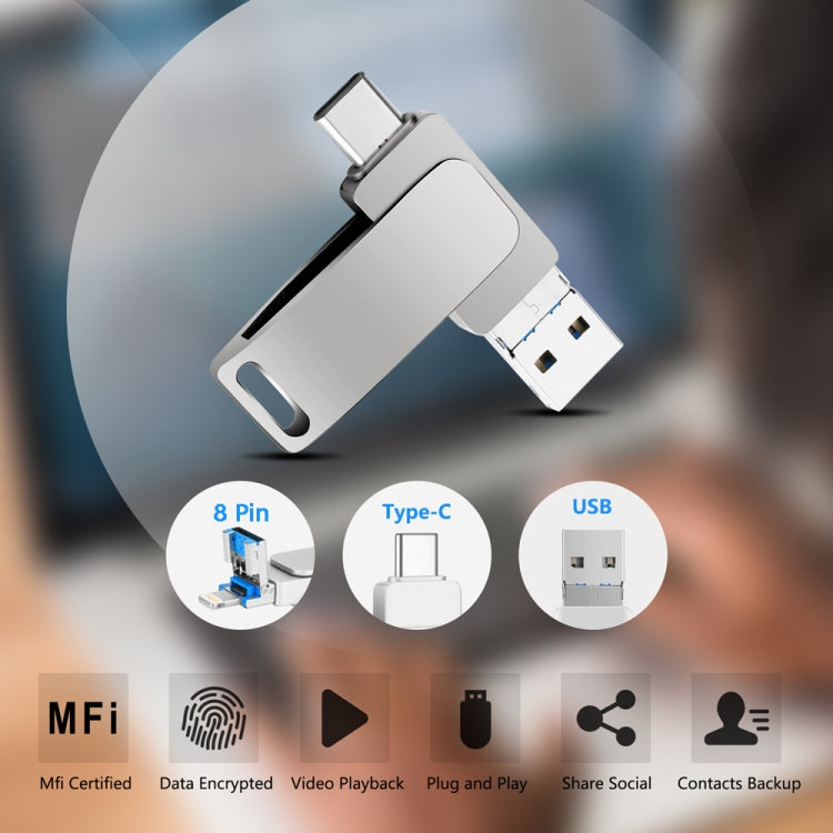 64GB USB 3.0 + 8 Pin + USB-C / Type-C 3 in 1 Phone Computer Metal Rotatable U-Disk(Black)