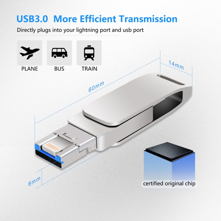 128GB USB 3.0 + 8 Pin + USB-C / Type-C 3 in 1 Phone Computer Metal Rotatable U-Disk(Pink)