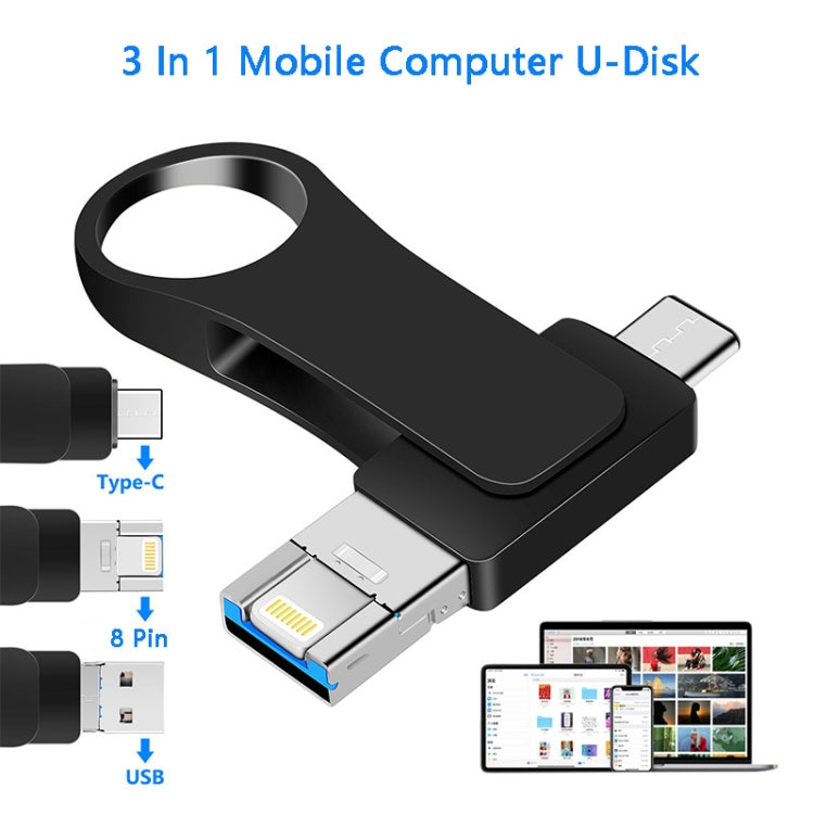 32GB USB 3.0 + 8 Pin + USB-C / Type-C 3 in 1 Mobile Computer Metal U-Disk(Black)