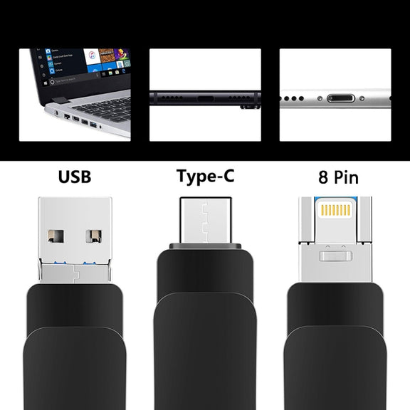 64GB USB 3.0 + 8 Pin + USB-C / Type-C 3 in 1 Mobile Computer Metal U-Disk(Pink)