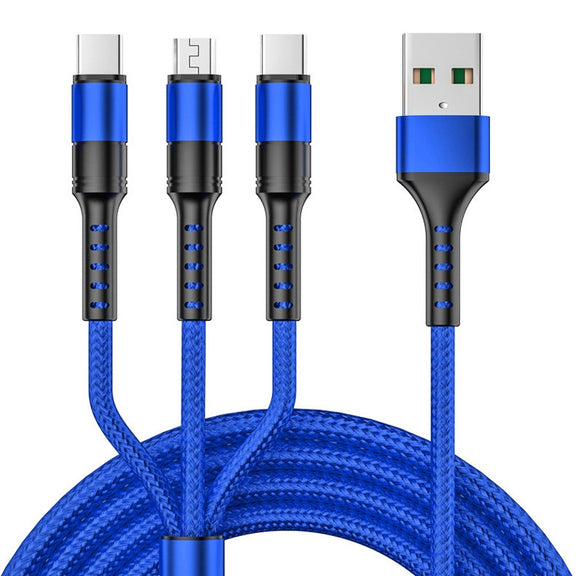1.25m 3 In 1 USB to Dual Type-C + Micro USB Quick Charging Sync Data Cable, Output: 5A (Blue)