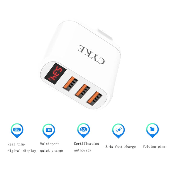 CYKE Smart Digital Display 3-Ports USB Travel Charger(US Plug-White)