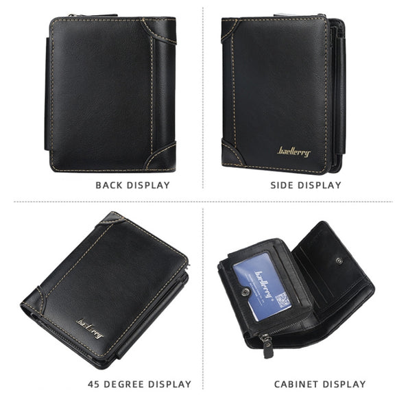 Baellerry D9159 Men Short Tri-Fold Zip Coin Purse Thin Card Holder(Black)