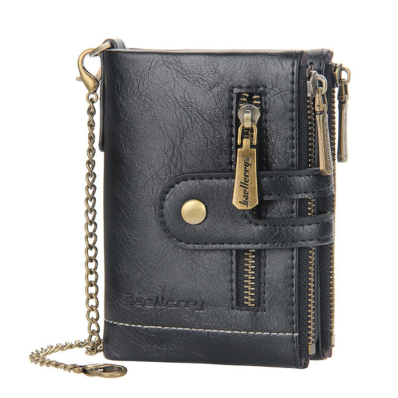 Baellerry  Short Wallet Double Zipper Tri-Fold Wallet For Men(Black)