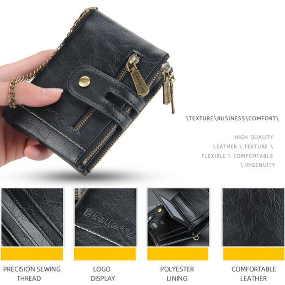 Baellerry  Short Wallet Double Zipper Tri-Fold Wallet For Men(Black)