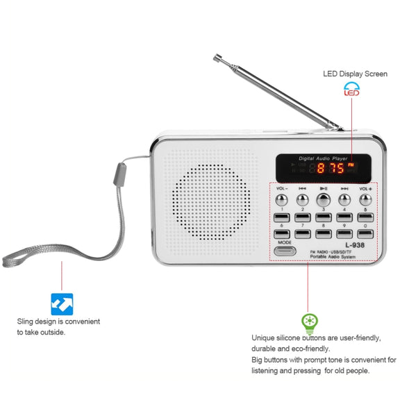 L-938  MP3 Audio Player FM Radio Support  SD MMC Card AUX-IN Earphone-out(Black)