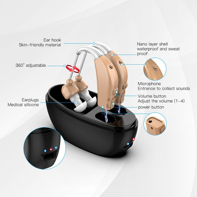 Elderly Use Can Charge Sound Amplifier Hearing Aid, Specification: EU Plug(Blue Double Machine+Black Charging Bin)
