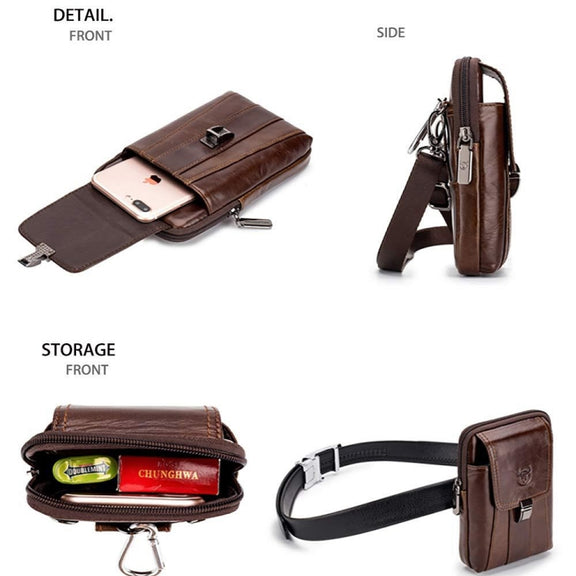 BULL CAPTAIN Multifunctional Leather Mobile Phone Small Waist Bag For Men(Vertical Brown)