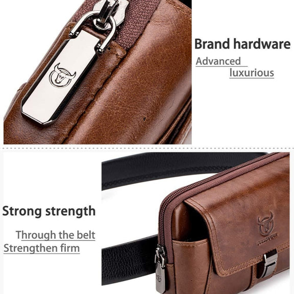 BULL CAPTAIN Multifunctional Leather Mobile Phone Small Waist Bag For Men(Vertical Brown)